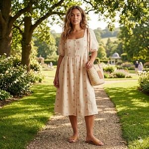 Baevely Cream Floral Embroidered Cotton Gauze Puff Sleeve Midi Dress Medium